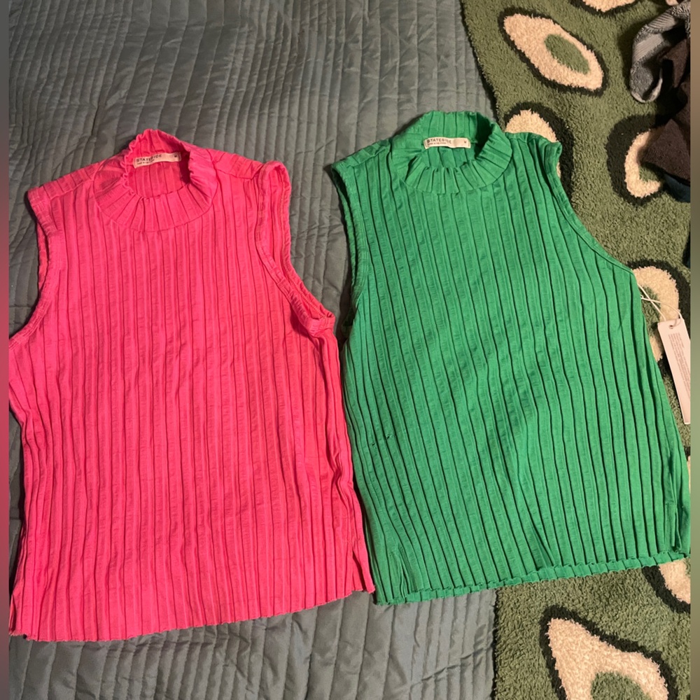 Stateside Mock Neck Tops Women M Pink Green Ribbed Sleeveless Shell 2 Pack